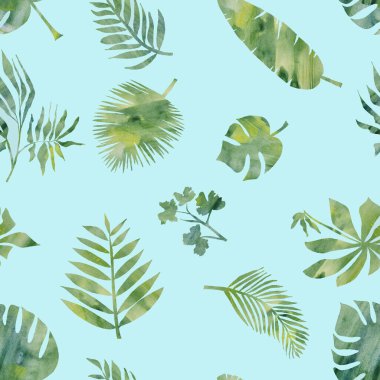 Suluboya yeşil tropikal egzotik yapraklar ve eğreltiotu dalları dikişsiz desen.
