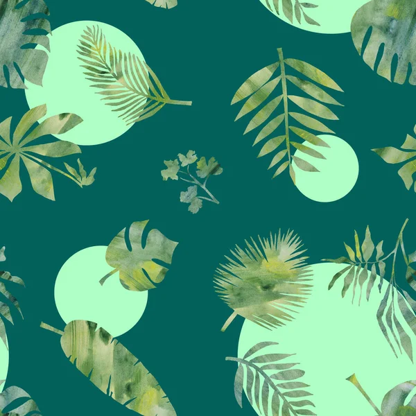 Aquarell grüne tropische exotische Blätter und Farnzweige nahtloses Muster. — Stockfoto