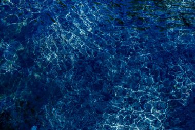 Dağ gölünün masmavi yüzeyinin parlak dokusu. Uzayı kopyala Mavi bir su altı..