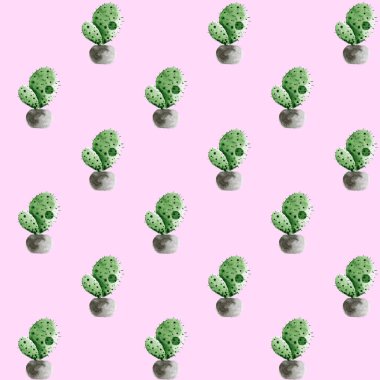 Kazanda suluboya kaktüs olan kusursuz bir desen. Pembe renkte izole edilmiş