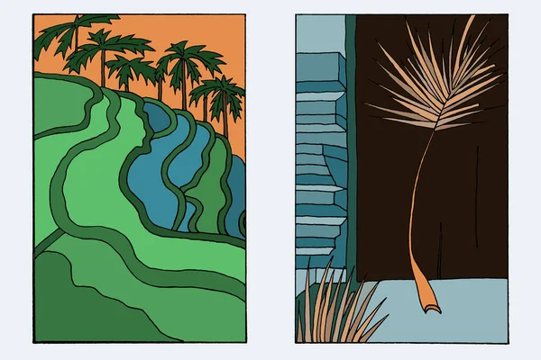 主题为巴厘自然的明信片。绿坡和棕榈叶. — 图库照片