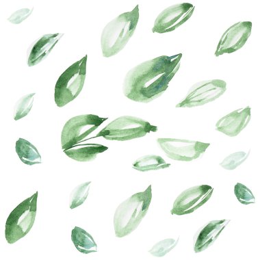 Beyaz arkaplanda yeşil yapraklı sulu boya deseni