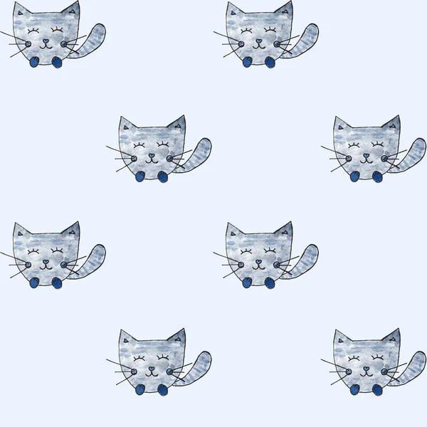 Un gatto, Seamless Pattern. Acquerello disegnato a mano, una testa di gatto Sfondo senza soluzione di continuità — Foto Stock