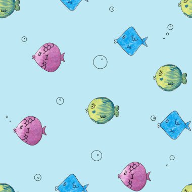 Bir balık, Kusursuz Şablon. Suluboya El Çizimi, Balık Başı Kusursuz Arkaplan