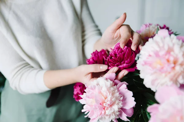 Rosa persa buttercup flores en las manos. Peonía rizada ranúnculo — Foto de Stock