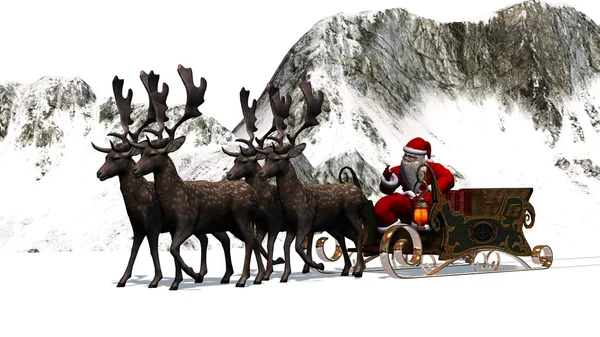 Père Noël avec traîneau et rennes - montagnes de fond — Photo