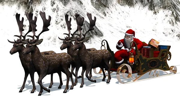 Santa Claus con trineo y renos - montañas de fondo —  Fotos de Stock