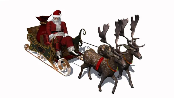Weihnachtsmann mit Schlitten und Rentieren - isoliert auf weißem Hintergrund — Stockfoto
