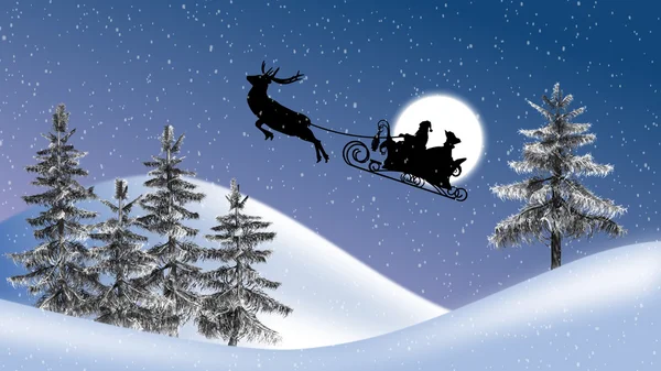 Père Noël avec rennes et traîneau, lune, arbres et chutes de neige — Photo
