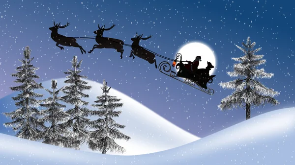 Weihnachtsmann mit Rentieren und Schlitten, Mond, Bäumen und Schneefall — Stockfoto