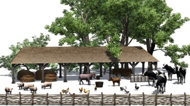 Beyaz bir arka plan üzerinde hayvanlarla küçük çiftlik