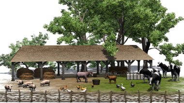 Beyaz bir arka plan üzerinde hayvanlarla küçük çiftlik