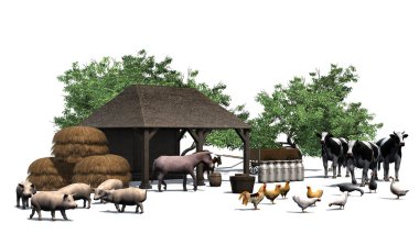 Beyaz bir arka plan üzerinde hayvanlarla küçük çiftlik
