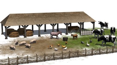 Beyaz bir arka plan üzerinde hayvanlarla küçük çiftlik