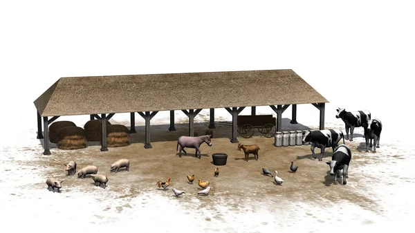 Pequena fazenda com animais em um fundo branco — Fotografia de Stock