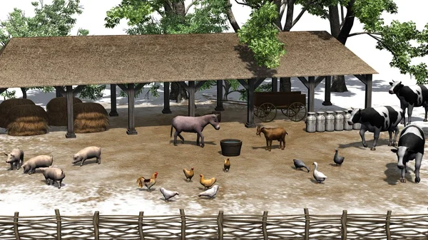 Маленькая ферма с животными на белом фоне — стоковое фото