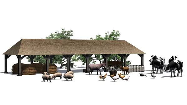 Pequena fazenda com animais em um fundo branco — Fotografia de Stock