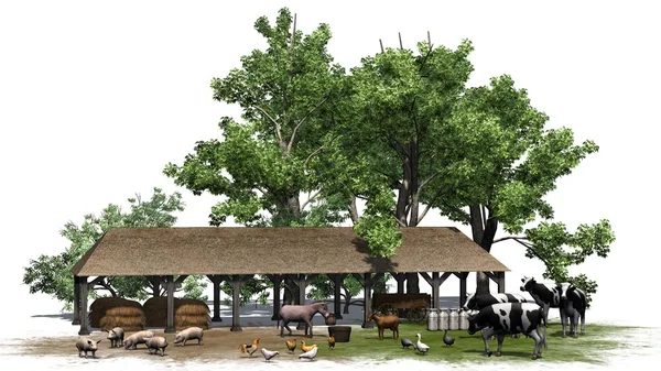 Beyaz bir arka plan üzerinde hayvanlarla küçük çiftlik