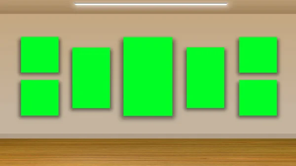 Gambar hijau kosong di dinding dan lantai kayu - galeri interior — Stok Foto