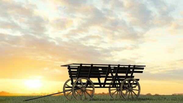 Ancient cart on grass surface and sky background