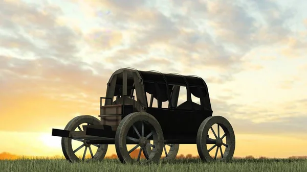 Ancient cart on grass surface and sky background — Stock Photo, Image