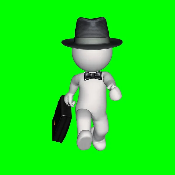 3D personer - business man med hatt och portfölj - grön skärm — Stockfoto