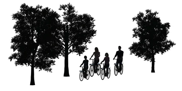 Велосипедна сім'я, велосипедист, дерева, силует, ізольовані на білому тлі — стокове фото