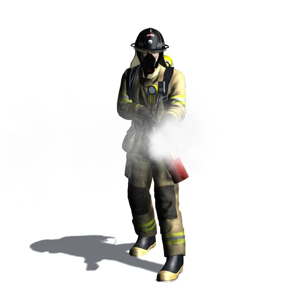 Firefighter with fire extinguisher - isolated on white background - 3D illustration — Stock Photo, Image