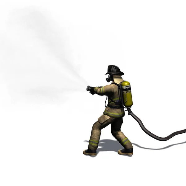 Brandman med vattenslang - isolerad på vit bakgrund - 3d illustration — Stockfoto
