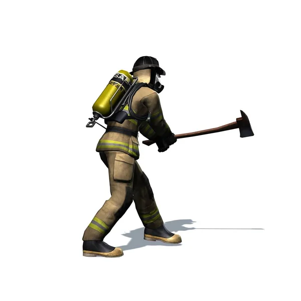 Firefighter breaks door with axe - isolated on white background - 3D illustration — Stock Photo, Image