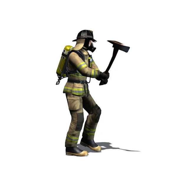 Firefighter breaks door with axe - isolated on white background - 3D illustration — Stock Photo, Image