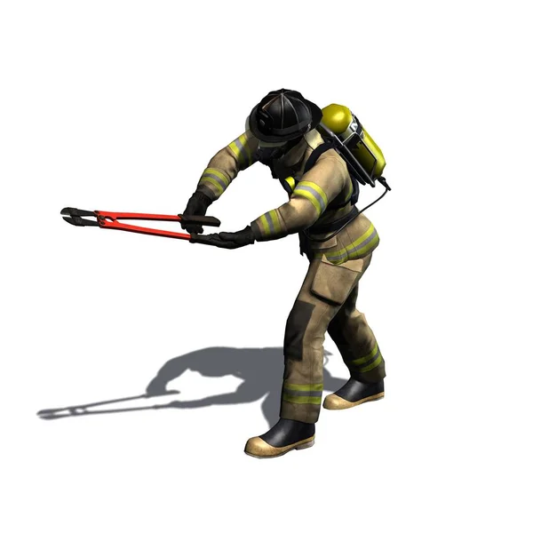 Firefighter cuts with pincer - isolated on white background - 3D illustration — Stock Photo, Image