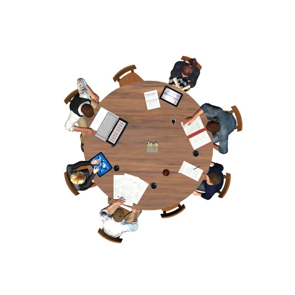 Personas sentadas en una mesa redonda en una reunión - negocios - vista superior —  Fotos de Stock