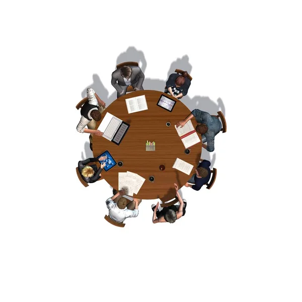 People sitting at a round table in a meeting - business - top view