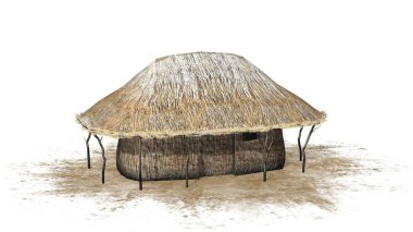 Thatch kulübe üzerinde kum erea-beyaz arka plan üzerinde izole