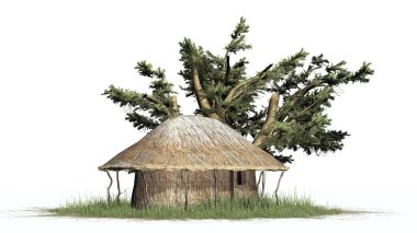 Thatch hut ve ağaç - beyaz arka plan üzerinde izole