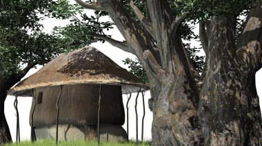 Thatch kulübede çim ve ağaçların - beyaz arka plan üzerinde izole