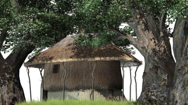 Thatch kulübede çim ve ağaçların - beyaz arka plan üzerinde izole