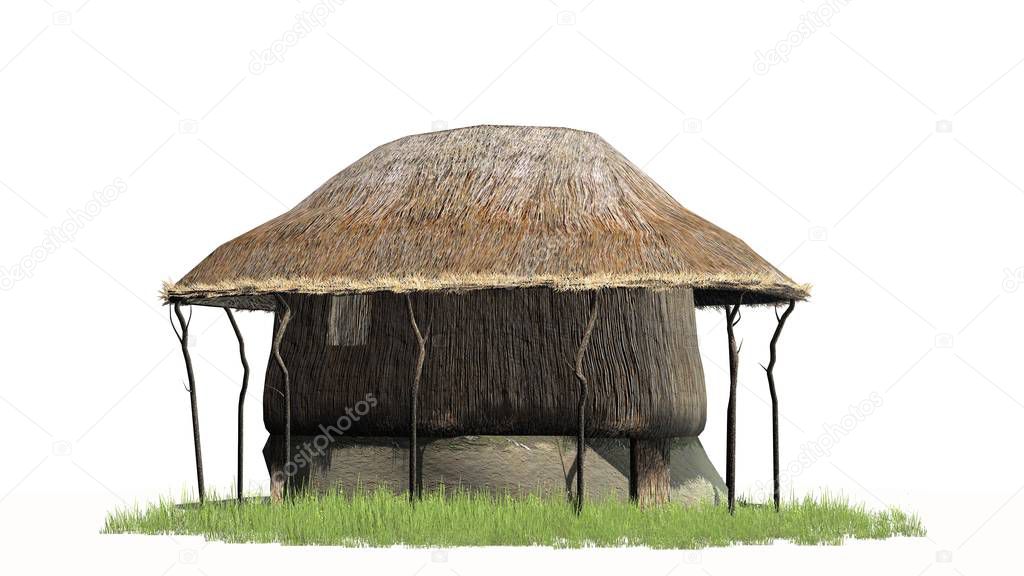 thatch hut in the grass - isolated on white background
