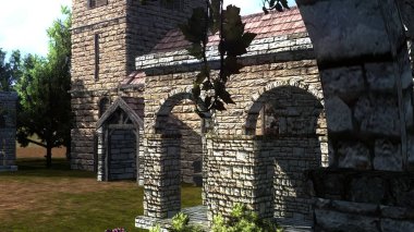 Kale duvarı, binalar, bitkiler ve ağaçlar - 3d çizim ile bir kale avlusu