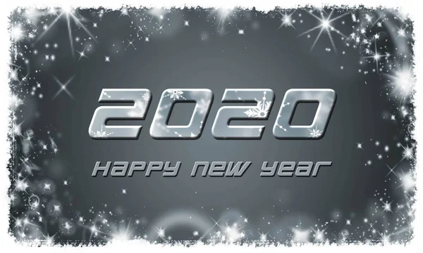 Happy New Year 2020 lettering on grey background with white stars - 3D illustration