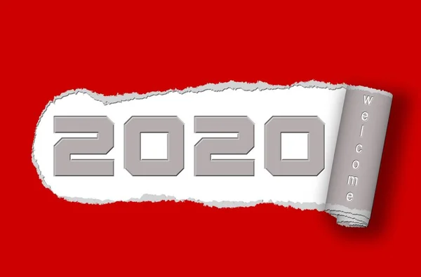 Papel Rasgado 2020 Com Letras Bem Vindo Fundo Vermelho Ilustração — Fotografia de Stock