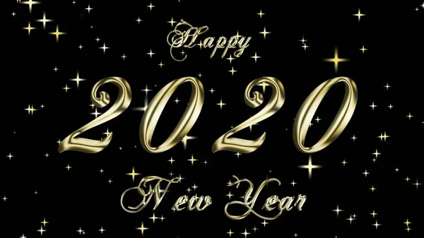 Year 2020 with lettering Happy New Year in gold colour - black background with stars - 3D illustration