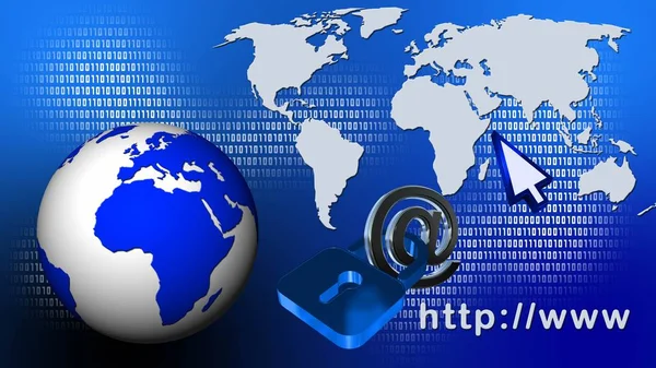 World map and earth globe - at sign with closed padlock - business or internet security concept - illustrated 3D background - 3D rendering