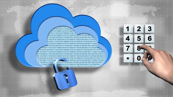 World map and data cloud with closed padlock - pin input at the numeric keypad - business, data and internet security concept - illustrated 3D background - 3D rendering