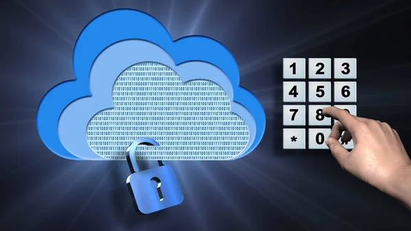 Data cloud with closed padlock - pin input at the numeric keypad - business, data and internet security concept - illustrated 3D background - 3D rendering
