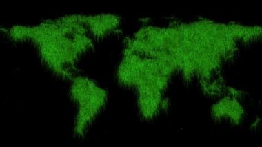Dünyanın hareket eden yeşil çimlerdeki ekolojik haritası - siyah arkaplanda izole - 3D görüntüleme