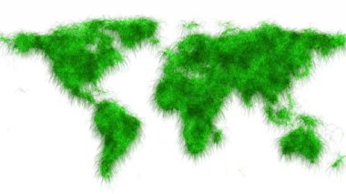 Dünyanın 4k 'lık ekolojik haritası - hareket eden yeşil çimen - beyaz arka planda izole - 3d görüntüleme