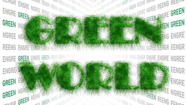 Концепция Зеленого Мира Текст Зелеными Буквами Травы Различные Буквы Белом — стоковое фото