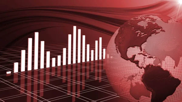 Financial and business chart and graphs with reflections on the floor - earth globe in front and abstract colored waves in background in red colour - 3D illustration